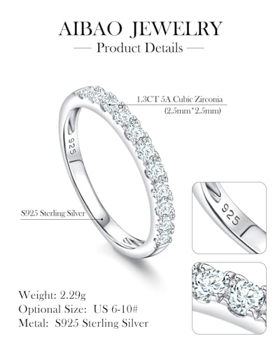 Sterling Silver Emerald/Ruby/Saphire/CZ Half Eternity Band Rings for Women | AIBAO Created Gemstone Wedding Band 2.5 mm Stackable Birthstone Rings Size 6 to 10 - style: b.5A Cubic Zirconia