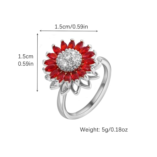 Sunflower Fidget Ring for Women Gold Anxiety Crystal Rings Cubic Zirconia Sunflower Open Adjustable Fidget Ring Spinner Sun Ring for Men Trendy Jewelry - color: SilverRed