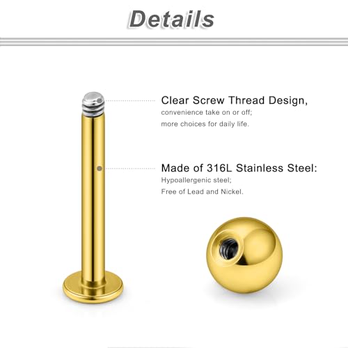 20G 18G 16G 14G 12G Lip Labret Medusa Monroe Rings Studs 316L Surgical Steel Flat Back Tragus Helix Cartilage Earring Stud Piercing Jewelry Bar Length 8mm 10mm 12mm Mix Color 18PCS - color: Gold, size: 20G(0.8mm)-8/10/12mm Bars-3mm Balls