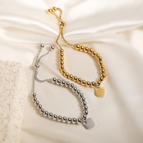 Trendy Heart Beads Bracelets For Elegant Women Adjustable 18K Gold Plated Stainless Steel Jewelry - color: gold heart beads