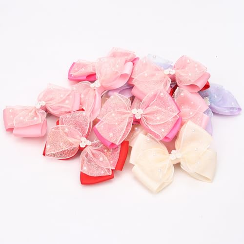 KISZU 4.5 Inch Flower Hair Bows Clips Mermaid Pearl HairPins for Girls Children Teens and Women - color: Red