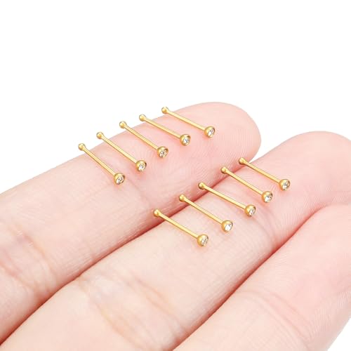 Hoeudjo Nose Studs Surgical Steel Cubic Zirconia Nose Rings Kit for Women Men Tiny Nose Stud Bone & Screw & L Shaped Nostril Piercing Jewelry 18/20/22/24 Gauge 10 Pieces - color: gold-tone,nose bone studs, size: 24g/1.5mm clear CZ