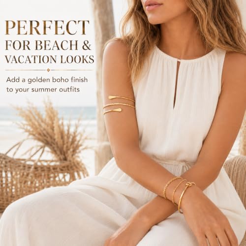 11PCS Gold-Tone Jewelry Set for Women, Includes 4 Upper Arm Cuffs, 2 Hand Chain Bracelets and 5 Bracelets for Women, Boho Disign for Beach, Vacation, Festival and Party Looks