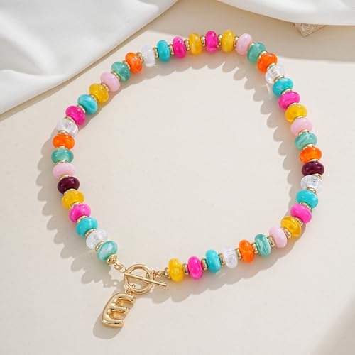 NIKOLUX Colorful Initial Necklaces for Women Chunky Resin Beaded Toggle Necklace 14K Gold Plated A-Z Bubble Letter Pendant Necklace Trendy Summer Beach Handmade Jewelry Gift - color: Colorful-E