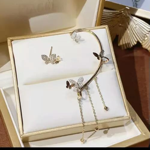 Gold Plated Zircon Butterfly Ear Cuff Clip Non Piercing Wrap Jewelry Earring New-Right-Gold Tassel(1pc) - color: Right-gold Tassel(1pc)