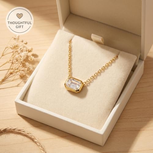 Gold Plated Emerald Cut Birthstone Necklace for Women - Horizontal East West Bar Pendant, Minimalist Everyday Jewelry, Birthday Gift for Her