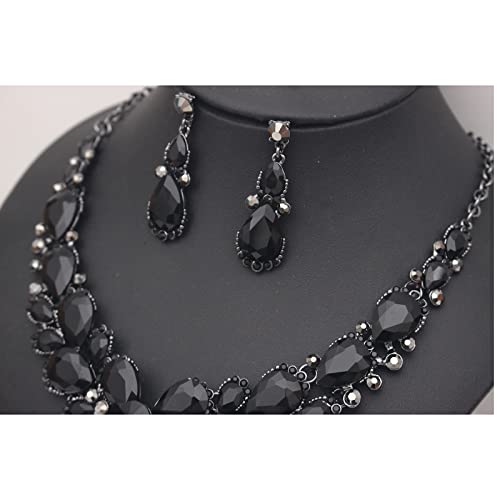 Women's Wedding Bridal Austrian Crystal Glass Teardrop Statement Necklace Dangle Earrings Bracelet Ring Wedding Party Jewelry Set for Bridal Bridesmaid - color: All Black-Jet