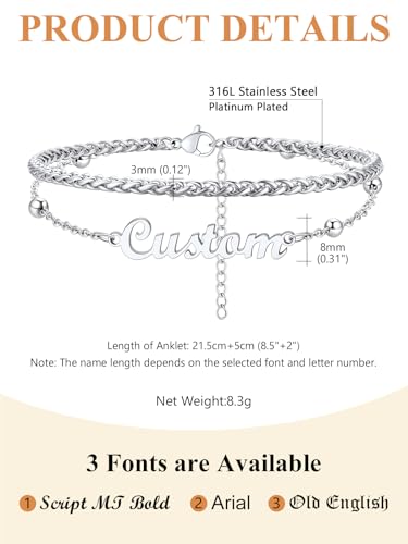 Custom4U Custom Name Anklet Bracelets for Women Waterproof Beaded/Figaro/Cuban/Rope/Wheat Chain Anklet Stackable Gold Plated Non Tarnish Custom Beach Gift Barefoot Summer Jewelry for Her - color: D02-Silver Wheat Chain