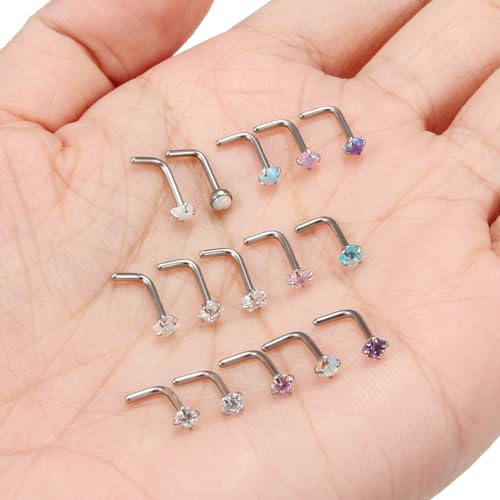 Hoeudjo Opal Nose Studs Surgical Steel Nose Rings Studs Cubic Zirconia L Shaped Nose Piercing Jewelry for Women 20G 18G - color: L-shape nose studs,18g