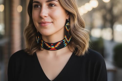 Handmade Beaded Indian Necklace,Inspired by Native American Style Long Necklace Earrings Set,One of a Kind beaded Necklace for Women,Perfect for Occasions, Gifts - color: Multi Color Thunderbird