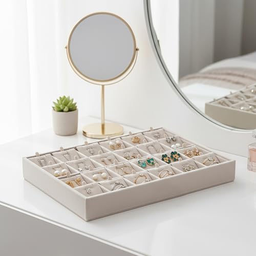 2 Pcs 24 Grids Stackable Jewelry Tray Organizer with Removable Dividers, Velvet Jewelry Display Tray for Earrings Necklaces Bracelet Rings Display Showcase - Beige