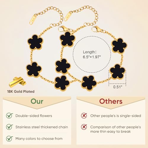 Women Gold Bracelets Jewelry Set - 3Pcs 18K Gold Plated Floral Bracelet,Stainless Steel Charm Bracelet Non-Tarnish,Adjustable Lucky Chain Trendy Gift,Christmas Valentines Birthday Gifts for Girlfriend - style: Black-2pcs