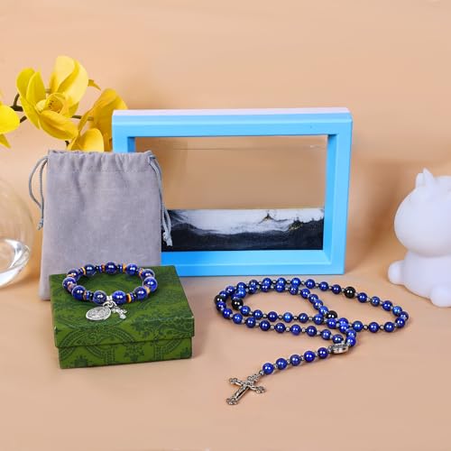 Rosary for Men Women, Natural Stone Beads with St. Benedict Bracelet | 8 mm Natural Stone Prayer Beads with 10 mm Accent Beads, St. Benedict Crucifix, Matching Bracelet, Gift Box and Pouch. - color: Lapis Lazuli