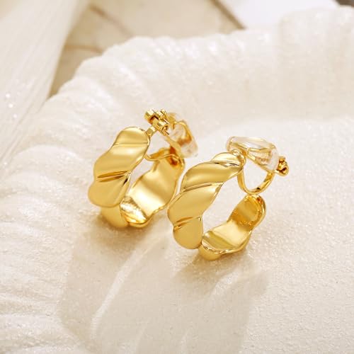 Chunky Gold Clip On Earrings for Women Twisted Hoop Earrings Hypoallergenic Non Pierced Ears Hoops Jewelry