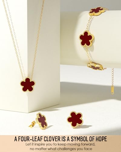 AICase Clover Jewelry Set,18K Gold Plated Lucky Clover Bracelet,Four Leaf Clover Necklace and Clover Earrings Fashion Jewelry Sets Gifts for Women/Mon - color: Red