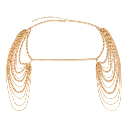 Summer Beach Punk Shoulder Body Chain Multi-Layered Back Chain Bikini Metal Tassel Arm Chain Statement Bridal Wedding Backdrop Necklace Body Chain Jewelry for Women - color: Gold