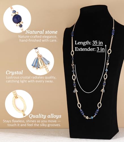 Long Gold Boho Necklaces for Women Beaded Statement Chain Long Necklace Gold Costume Jewelry Birthday Gifts for Her - color: Dark Blue