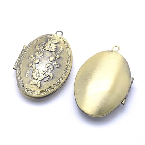KitBeads 10Pcs Flower Locket Pendants Antique Bronze Oval Round Memorial Brass Photo Frame Charms for Necklaces Keychains Jewelry Making Crafts