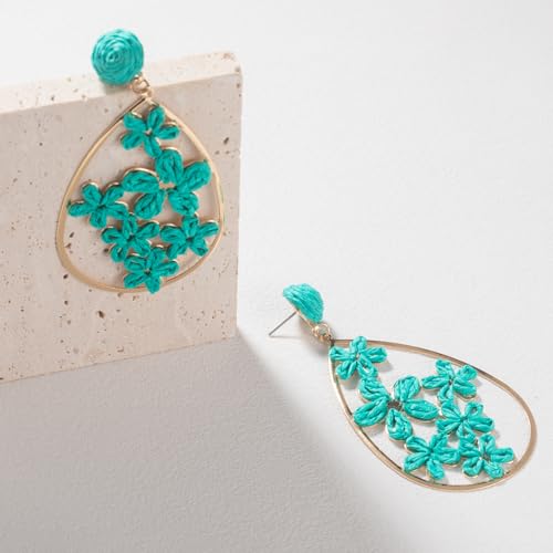 Boho Raffia Flower Teardrop Earrings Cute Colorful Dangle Trendy Jewelry | Floral Drop Statement Big Dangling Earring Hypoallergenic Gold Fun Unique Summer Spring Beach Vacation Outfits for Women - color: Teal