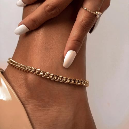Gold Stainless Steel Anklet Chain for Women Adjustable Ankle Bracelet Fashionable Simple Design, Round mold chain - color: Gold+ Round mold chain, size: 22+3cm
