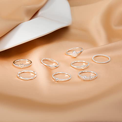RLMOON Gold Ring Set for Women Dainty Silver Rose Gold Stackable Rings | 14K Gold Plated Simple Heart CZ Pinky Stacking Thumb Rings Plain Band Size 4-12(8-12PCS) - color: Silver Rings