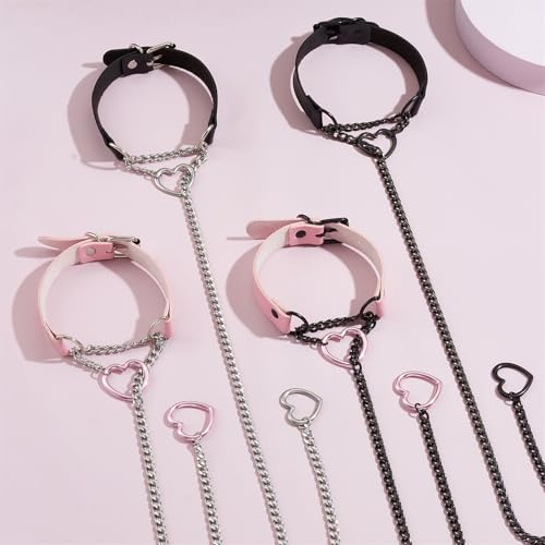Leather Choker Slip Chain Necklace Stainless Steel Cuban Link Long Necklaces Gothic Punk Heart Chain Necklace Handmade Collars for Women - color: Pink+Silver