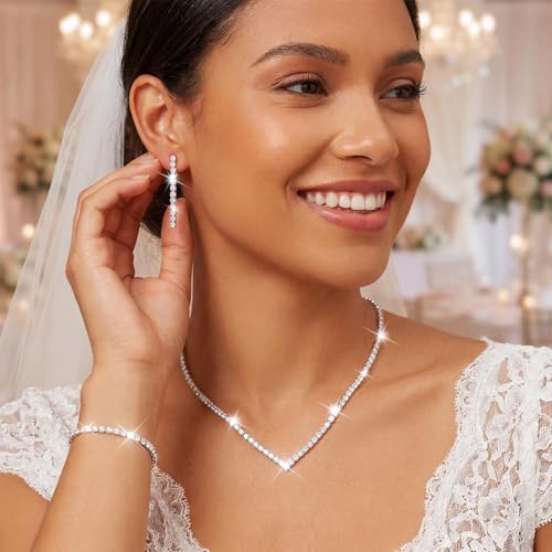 Unicra Rhinestone Bridal Wedding Jewelry Set Silver Necklace Earrings Bracelet Sets Prom Formal Costume Jewelry Sets for Women and Brides - color: Silver