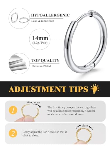 Small Hoop Earrings for Women 7-16mm Stainless Steel Huggie Earrings Lightweight - color: a. Silver A, size: Diameter 14mm