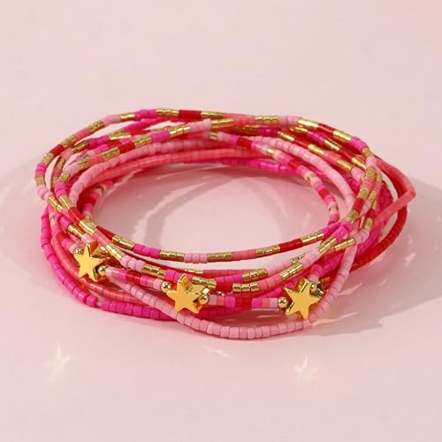Gold Beaded Bracelets Stack for Women Stocking Stuffers 12PCS Boho Gold Plated Seed Beads Bracelet Stretch Star Stackable Accessories Jewelry Friendship Fall Christmas Gifts for Women - color: Pink