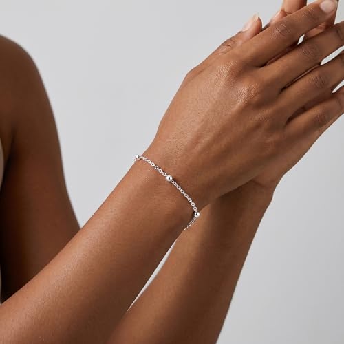 925 Sterling Silver Chain Bracelet, Beaded Satellite Chain Fine Jewelry for Women Holiday Gift with Flannel Bag Adjustable 6.5-8 Inches - color: 8 IN