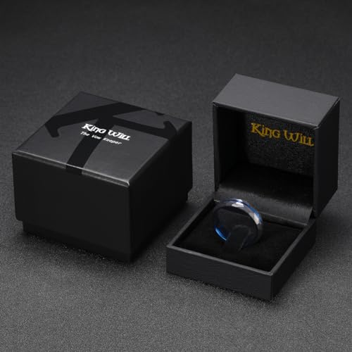 King Will Men's Tungsten Carbide Wedding Ring Hammered Groove Wedding Band Mens Two Tone Engagement Ring for Men and Women Matte Brushed Finish Comfort Fit - color: 6mm Black & Blue - Groove