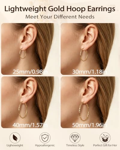 3MM Thin Sterling Silver Hoop Earrings for Women Hypoallergenic | Lightweight Small Silver Hoop Earrings Thin Twisted Hoop Earrings for Sensitive Ears - color: Gold-50MM