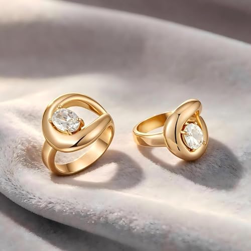 14K Gold Plated Ring for Women, Oval Cubic Zirconia Wrap Bands Ring, Chunky Dome Statement Ring Size 5 to 10 - color: Gold