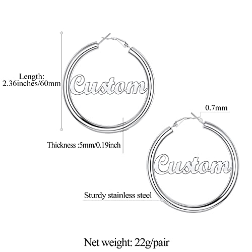 FindChic Hoop Earrings for Women, Silver/Black/14K Gold Plated Hypoallergenic Hollow Round Tube Loop Earrings, 20mm/30mm/40mm/60mm/80mm Chunky Hoops with Custom Name Options & Gift Box - color: e.Silver (Custom Name), size: 60MM