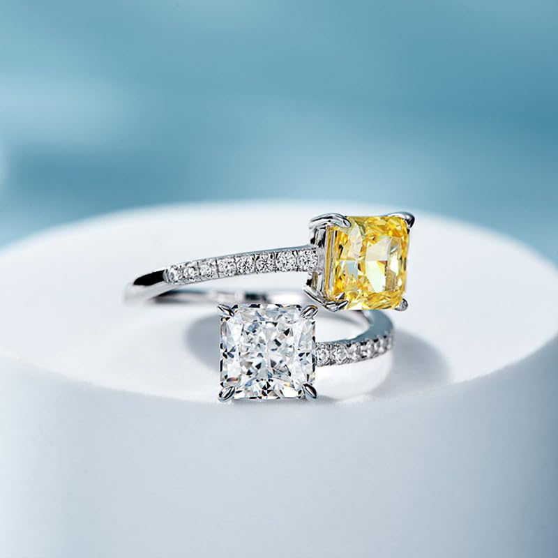 Dainty Cute 925 Silver Yellow Crystal and White Crystal Double Stone Ring Exquisite Square Morganite Open Four-Claw Topaz Open Adjustable Ring for Women Anniversary Wedding Engagement Promise Rings