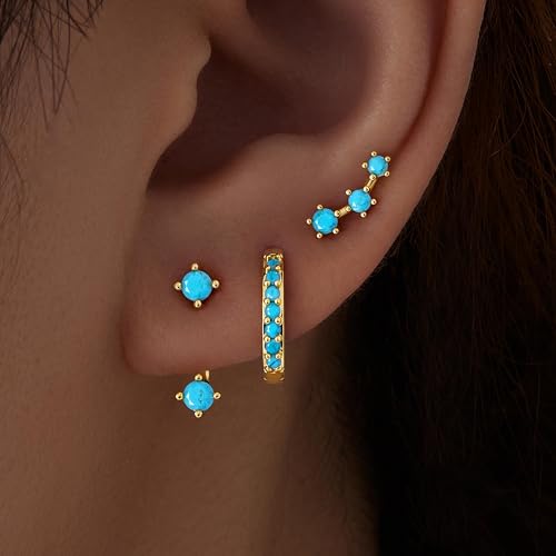 3 Pairs Dainty Small Earrings Set for Women Trendy, Birthstone Stud Huggie Hoop Jacket Stack for Cartilage Helix, Gold Plated Hypoallergenic Cute Women Fashion Accessories Western Jewelry Gifts - color: Created Turquoise (Gold)