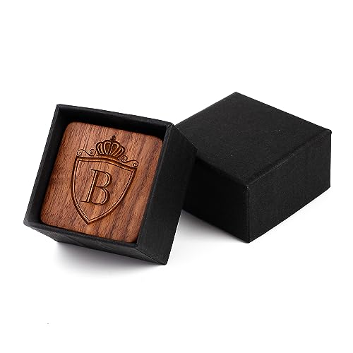 Mens Initial Silver Cufflinks A-Z Alphabet Letter Steel Cuff Links with Engraved Walnut Wood Box Groom Groomsman Wedding Set… - style: B