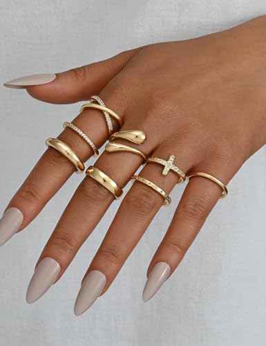 iF YOU Non Tarnish Chunky Gold Rings for Women, 14K Gold Plated Dainty Stackable Cross Cubic Zirconia Ring Set, Knuckle Stacking Pinky Thumb Ring Statement Wedding Bands Jewelry Size 4.5-10 - color: Gold