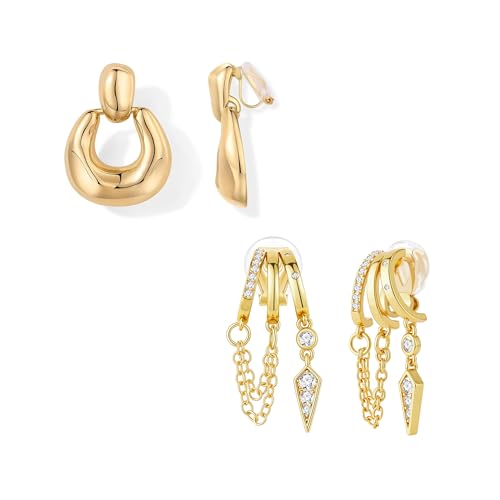 FAN&LOUIS Gold Plated Clip On Earrings for Women, 14K Gold Drop Dangle Hypoallergenic Lightweight Clip-On Earrings for Non-Pierced Ears - style: 2 pairs