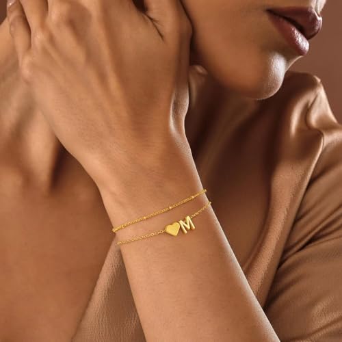 M MOOHAM Initial Bracelets for Women Teen Girls - Heart Letter A-Z Bracelet | Dainty 14K Gold Plated Jewelry, Heart Initial Bracelet, Bracelets for Women Girls Trendy, Birthday Gifts for Women Girls Her - color: Gold - T