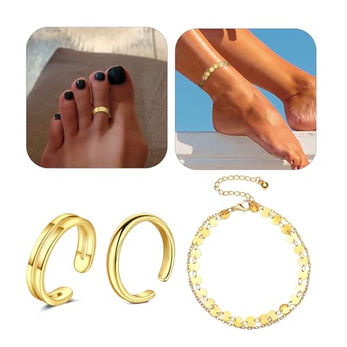 Briana Williams Toe Rings for Women Gold Silver Toe Ring Non Tarnish Ankle Bracelets for Women Waterproof Anklet & Toe Ring Set Trendy Summer Beach Foot Jewelry - color: B2 -2pcs toe rings + anklets, golden