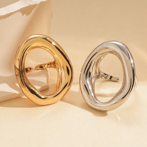 Chunky Irregular Hollow Oval Statement Ring For Women Adjustable Open Band Geometric Fashion Jewelry Gold Tone Or Silver Tone - color: Gold