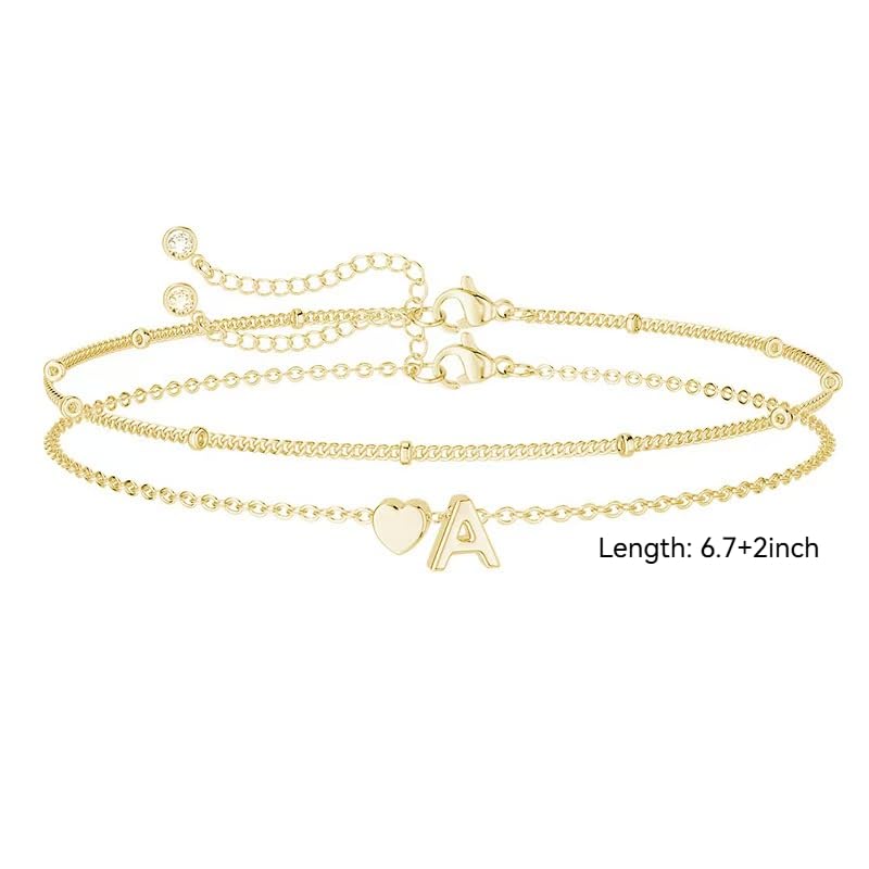 Gold Initial Bracelets for Women Trendy, Dainty Layered 14K Gold Plated Heart Letter Charm Bracelets, letter beads for name bracelets Jewelry Gifts - color: Silver-A