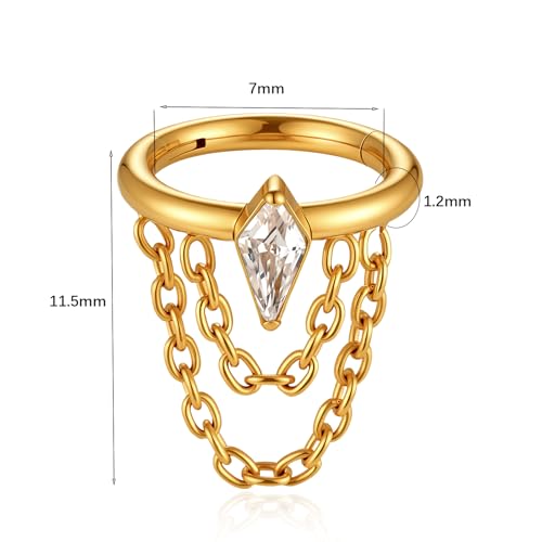 16G Titanium Cartilage Earrings Hoop 7mm 9mm Helix Piercing Jewelry with Single/Double/Triple Chains Hypoallergenic Hinged Clicker - style: gold-CZ 2 chains 7mm