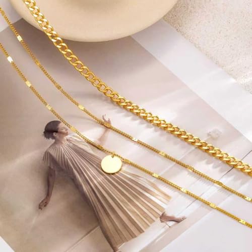 Gold Layered Necklaces for Women, 14K Gold Plated Paperclip Snake Chain Necklace Set, Dainty Coin Cross Tear Pendant Layering Choker Necklaces, Simple Trendy Stackable Jewelry Gifts - color: 3PCS / Coin & 2 Chains
