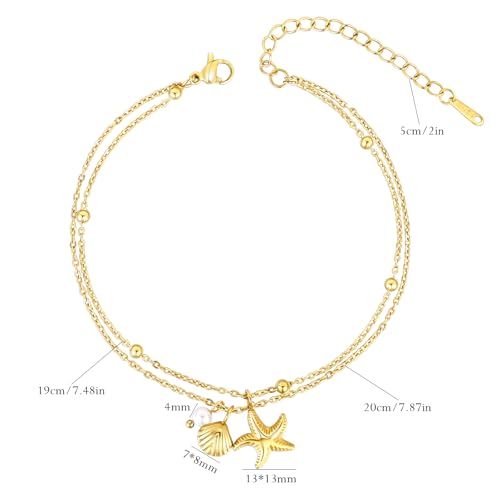Gold Ankle Bracelets for Women, Waterproof Anklets Dainty Beach Anklet Adjustable Link Chain Cute Stainless Steel Anklets Summer Beach Shell Starfish Pearl Foot Jewelry Non Tarnish Lightweight - color: Anklet-Gold
