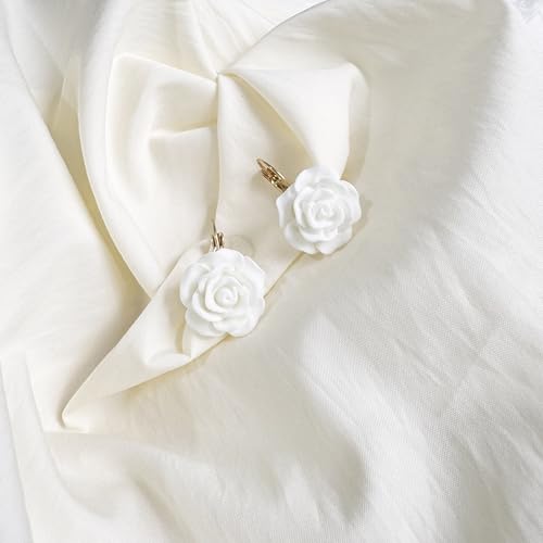 Handmade Bohemian Aesthetic Dainty Acrylic Flower Petal Leverback Earrings Sparkly 14K Gold Floral Dangle Drop Earrings for Women - color: Pure White