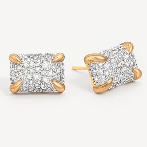 MEVECCO Pave Cubic Zirconia Stud Earrings for Women, 18K Gold Plated Brass | Pave CZ Fronts, Curved Gold Plated Edge Accents, Soft Motifs and Clean Geometric Styles - style: rectangle