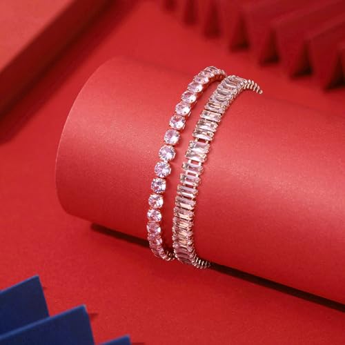 4 Pcs Tennis Bracelet Set Silver Plated Marquise Cubic Zirconia CZ Diamond Dainty Adjustable Silver Bracelets for Women Brides Stackable Fashion Jewelry Wedding Prom Gift - color: Pink-3PCS Tennis Bracelet Set