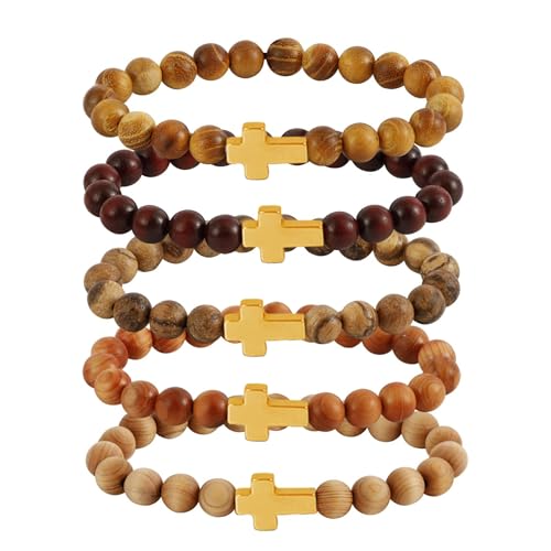 5Pcs Sandalwood Stretch Bracelets for Women Men with Hematite Stone Cross Mala Beads - color: B2